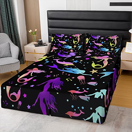 Mermaid Bed Skirt Full For Girls Kids Pastel Purple Rainbow Gradient Bedding Girly Kawaii Mermaid Princess Bedroom Decor Cute Ocean Life Sea Animal Bed Skirts Jellyfish Print Bedskirt 3 Pcs #TOP22