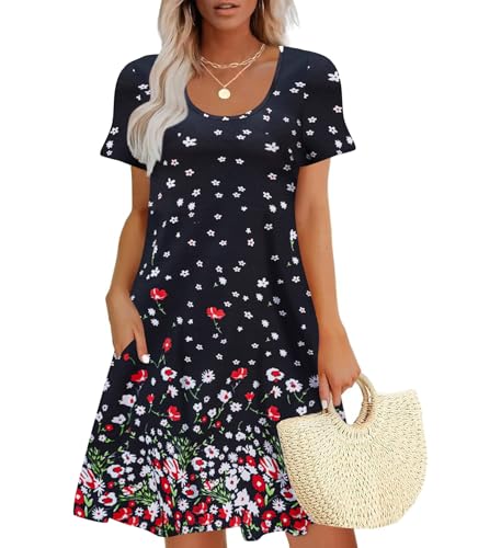 Sherosa Womens Dresses Casual Summer Sundresses Tshirt Dresses Knee Length (L, Short Sleeve Black)