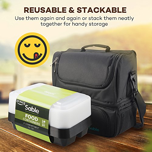 Meal Prep Food Containers 32 oz (20 Pack), Sable 3 Compartment Bento Lunch Boxes, Reusable Organization Cases, BPA Free (FDA, SGS & LFGB Certified, Heat and Cold Resistant, Stackable for Storage) - Thumbnail 2