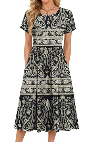MOLERANI Women Summer Midi Dress - Casual Short Sleeve Boho Beach Dress for Ladies Loose Swing Dresses Casual Midi Sundress with Pockets Boho Floral Black S