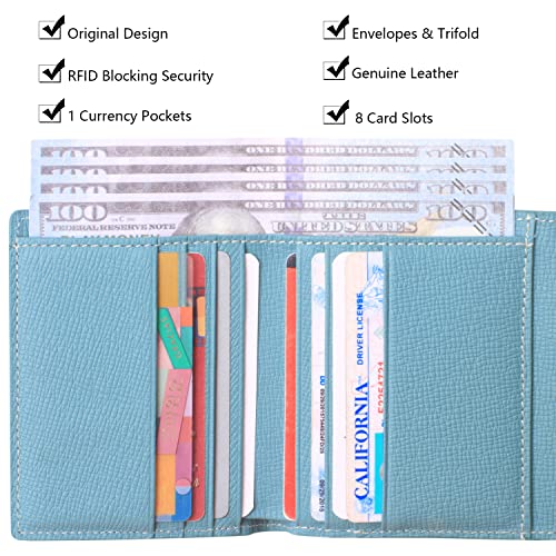 Borgasets Small Wallet for Women Genuine Leather RFID Blocking Card Holder Organizer Pocket Compact Bifold Ladies Mini Purse (Haze Blue)2
