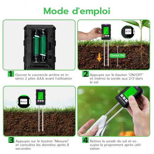 Wigearss Testeur de pH du Sol 6 en 1, Testeur pour Humidité/Fertilité/pH/Température/Lumière/Humidité Ambiante – Image 7