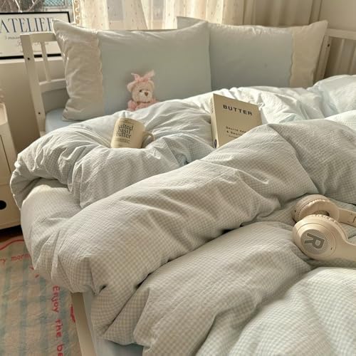 Image of MKXI Blue Gingham Duvet Cover Set King Size - Delicate White Lace Trimmed Soft Washed Microfiber Bedding Set, Vintage Cottagecore Style for Girls & Teens, 3-Piece with Zipper Closure