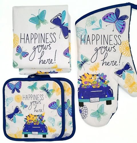 Sg6 Decorative and Light Weight Kitchen Linen Set, 5 Piece, Happiness Grows Here! Design, Includes 2 Dish Towels, 2 Pot Holders, Oven Mitt