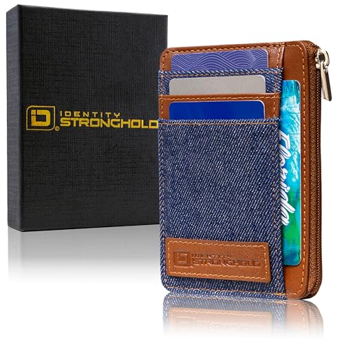 Image of ID Stronghold RFID Blocking Front Pocket Wallet - Slim Minimalist Genuine Leather Wallet with Zipper Coin Pocket (Denim)