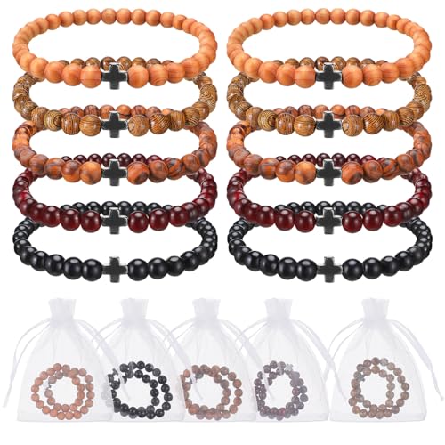10 Sets Orthodox Prayer Beads Adjustable Christian Bracelet with Organza Bag Orthodox Prayer Rope Cross Beads Bracelet for Women Men Wooden Healing Lava Rock Stretch Jewelry for Religious Gift