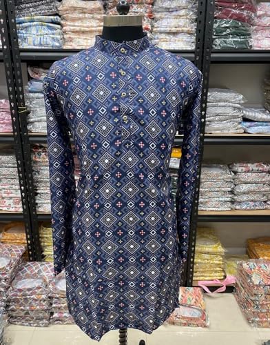 Image of FOXDX Men's Cotton Blend Printed Long Kurta Suitable for All Indian Wedding, Occasions, and Festivals