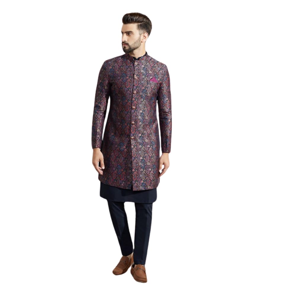 Men's Kurta Indo-Western Sherwani Trouser Set, Multi Silk Blend, Woven Design Regular Fit Mandarin Collar Long Sleeves
