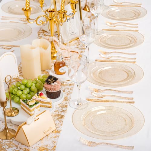 Image of 200 Pcs Gold Glitter Plastic Plates - Disposable Party Plates, Gold Glitter Disposable Plate Include 100 Dinner Plate and 100 Dessert Plate, Plastic Plate for Party, Holiday, Wedding & Birthday
