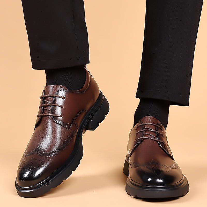 Dark Brown Dress Shoes for Mens Retro Lace Up Pointed Burnished Toe Brogue Embossed Wing tip Leather Shoes Block Heel Low Top Slip Resistant Business Dress Oxford Shoes for Men3
