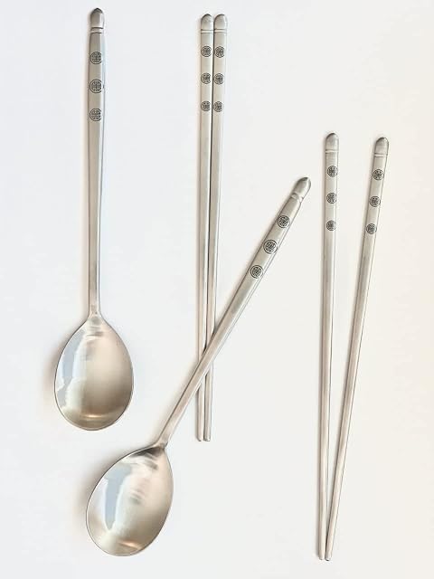Cozymomdeco Korean Traditional Pattern Utensil Flatware Cutlery Spoon Chopsticks Modern Silver Stainless Steel 2 Set