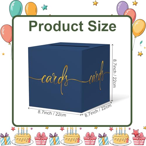 Image of 2 Pack Navy Blue Card Box with Gold Foil Design, Paperboard 8.7 inch Card Box for Birthday Wedding Party Graduation Retirement Anniversary Valentine's Day & Baby Showers, Raffle or Money Box