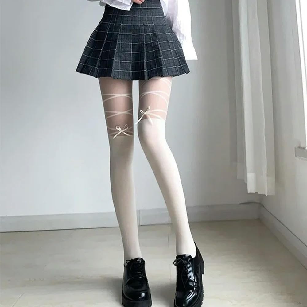 Fenhaodian Women Lolita Bowknot Fake Straps White Tights Solid Black Nylon Sexy Sweet Girls JK Japanese Kawaii Cute Thigh High Stockings