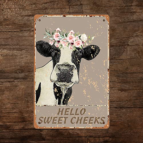 Sweet Cheeks Cow Wall Decor,Hello Decorative Tin Sign Funny,Cheeky Cow Vintage Retro Poster Paintings Color 8X12Inches #TOP1
