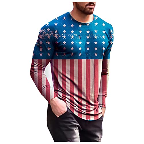 T Shirt for Men, American Flag Patriotic Shirt USA Flag Stars Stripes Print Long Sleeve Tie Dye Tee Tops Blue