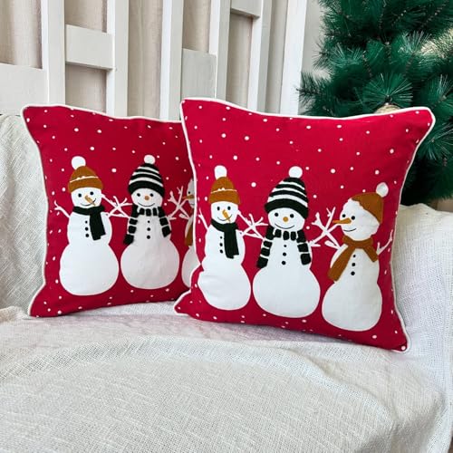 Image of Christmas Cushion Covers (Pack of 2, 16x16 Inch) - Red Snowman Theme Decorative Throw Pillow Covers for Sofa, Couch & Living Room Festive Decor