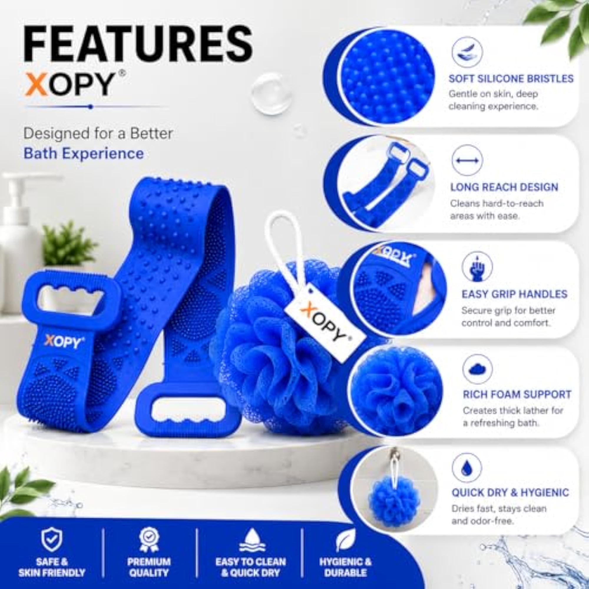 2 in 1 Combo of Silicone Back Scrubber Belt and Mesh Bath Loofah