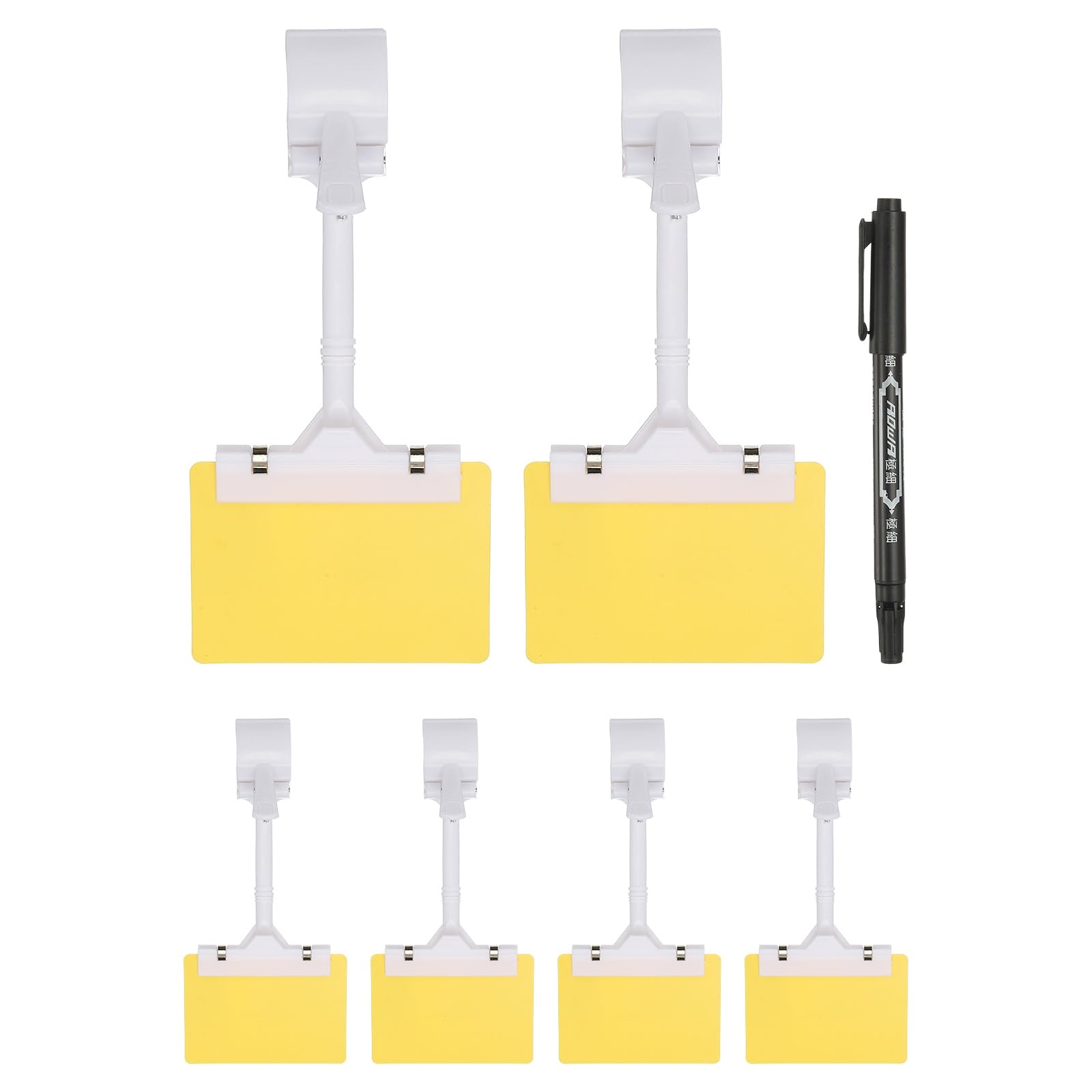 PATIKIL Sign Holder Clips, 6 Pcs Sign Holder Double Clip Adjustable Price Tag with Yellow A7 Plastic Cards & Erasable Marker for Supermarket Office Exhibition, White