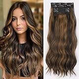 Lativ Clip in Long Wavy Hair Extensions 4PCS Balayage Dark Brown to Chestnut Synthetic Hairpieces Lo