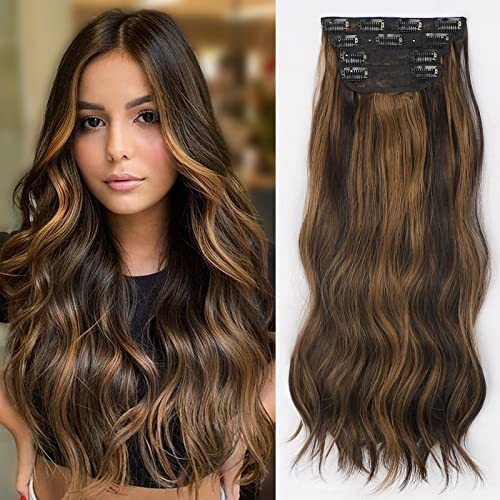 Lativ Clip In Long Wavy Hair Extensions 4Pcs Balayage Dark Brown To Chestnut Synthetic Hairpieces Long Curly Thick Hair Extension Full Head For Women 20 Inches #TOP6