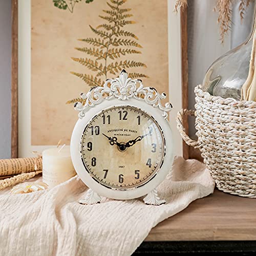 Nikky Home Small Vintage Table Clock, Decorative Shelf Desk Top Clock Battery Operated Round French Design, Farmhouse Home Decor For Bathroom, Tabletop, Desktop, Countertop, Rustic Beige #TOP1