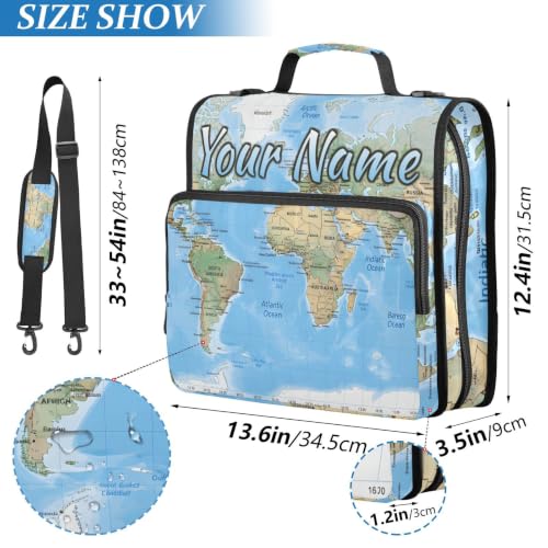 Image of Custom 3 Ring Zipper Binder World Map Blaue Personalized Name 1.5 Inch Binders Large Capacity Multi Pockets for School Office Supplies