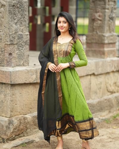 Image of Women's Vichitra Silk Anarkali Gown with Dupatta, Navy Blue Flared Traditional Dress with Magenta Zari Border, Jacquard Weaving Full Sleeves Ethnic Suit