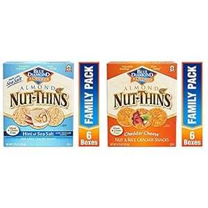 Blue Diamond Almond Nut Thins Cracker Crisps, Hint of Sea Salt, 4.25 Ounce (Pack of 6) with Blue Diamond Almond Nut Thins Cracker Crisps, Cheddar Cheese, 4.25 Ounce (Pack of 6)
