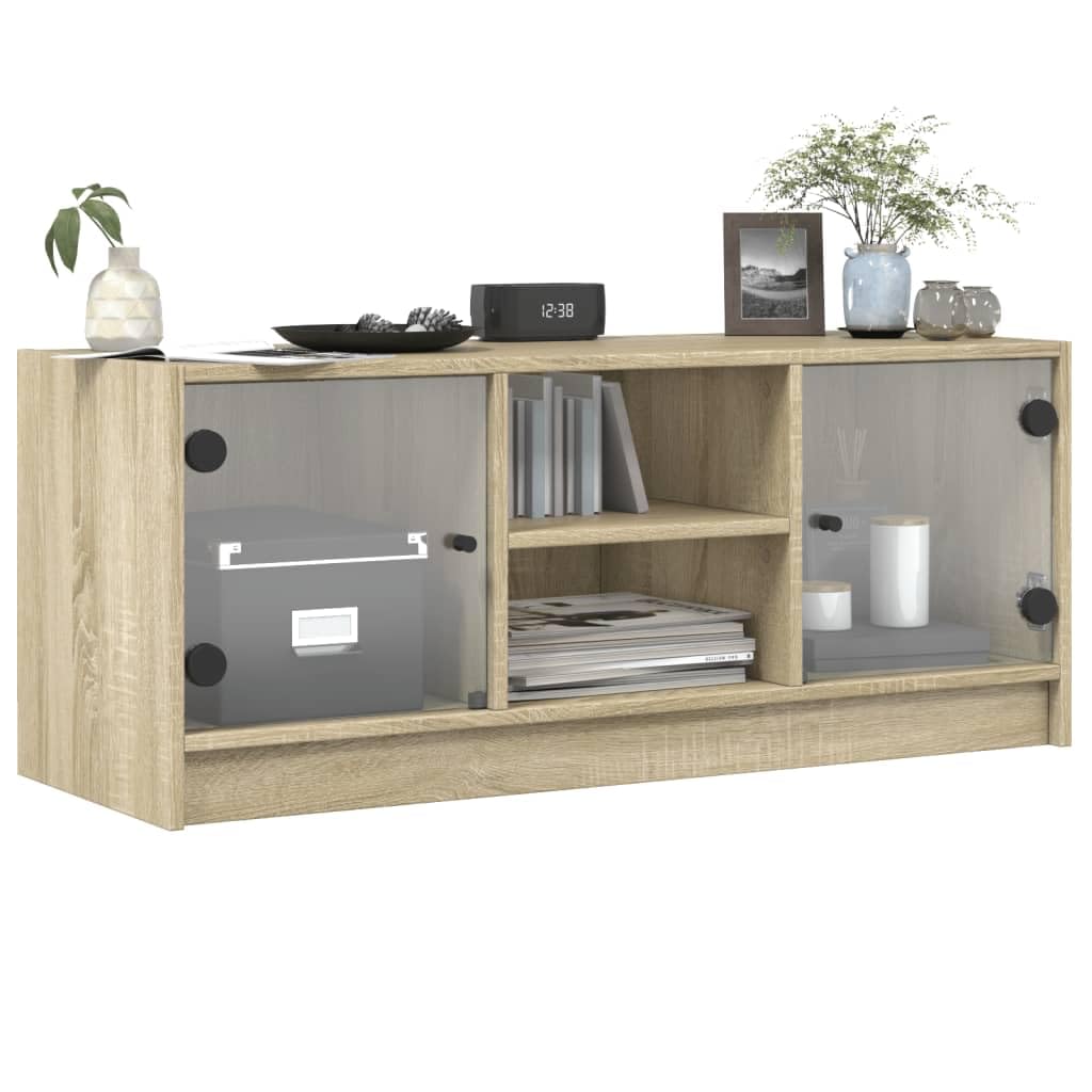 Mobile TV con ante in vetro, rovere Sonoma, 102 x 37 x 42 cm, mobile TV con vano portaoggetti, mobile basso e credenza per soggiorno, home theater, ripiano e gestione dei cavi
