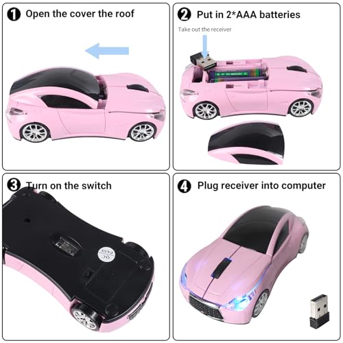 Image of elec Space Wireless Mini Mouse with Case - Cute Sports Car Shape, Lightweight & Portable, 10m Range, Plug and Play (Pink)