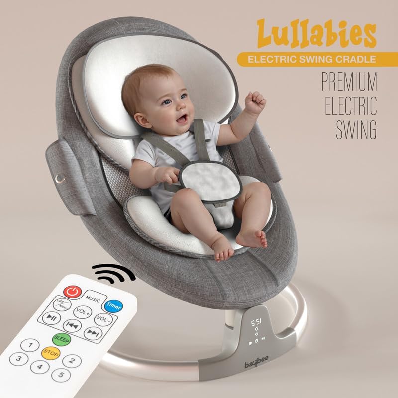 Image of Baybee Lullabies Electric Baby Cradle and Swing | Baby Swing Jhula with Adjustable Swings Speed & Recline | Rocker for Babies with Mosquito Net, Safety Belt & Music Cradle for New Born Baby (Grey)