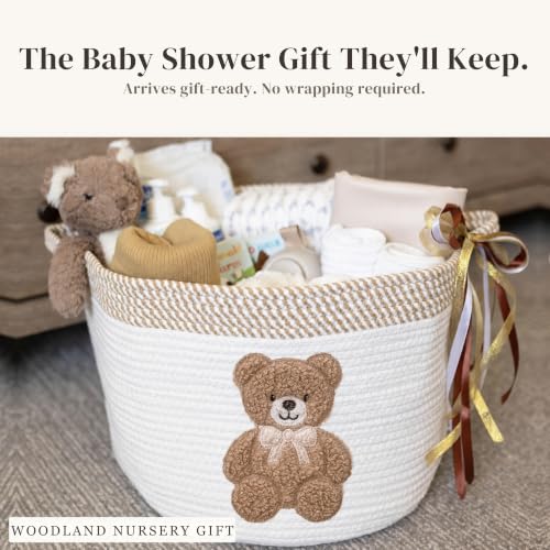 Image of Teddy Bear Baby Storage Basket, Woven Cotton Rope Nursery Bin, 15x11 in | Stuffed Animal and Blanket Storage, Embroidered Bear Patch, Gender Neutral Nursery Decor, Shower Gift, Playroom Organizer