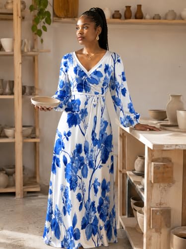 Image of PinkPatty Plus Size Dresses for Curvy Women V Neck Flowy Long Sleeves Wrap Maxi Dress Travel Vacation Outfits