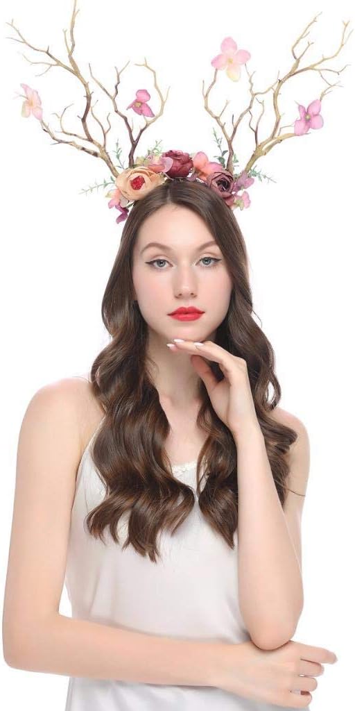 XIDAJIE Deer Antler Flower Crown Headbands Halloween Chritmas Long Antler Flower Branches Headband Props Horns Headpieces Hair Band Photo Shoot Forest Goddess Headdress Headwear, Light Brown - Image 3