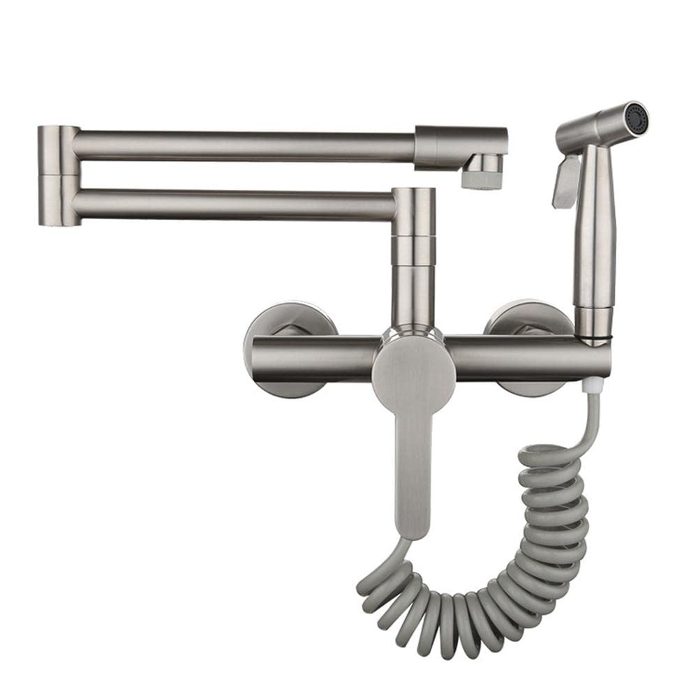 HomeLava Grifo de pared para cocina, grifo de cocina, montaje en pared, con pistola pulverizadora y 2 tipos de chorro de agua, giratorio 360°, acero inoxidable cepillado, grifo de cocina