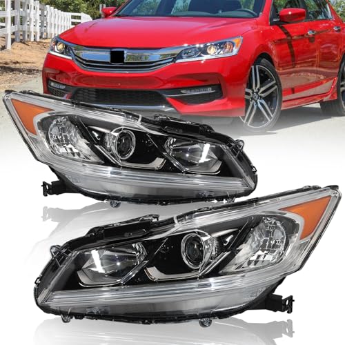 Projector Headlight Assembly w/LED DRL Fit for 2016 2017 Honda Accord EX/EXL/Sport Halogen Headlamp OE Style Chrome Housing Amber Reflector Replacement Driver & Passenger Side