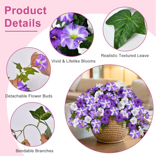 Image of Artificial Petunias 2 Packs UV Resistant, Purple White | Realistic silk no-fade faux flowers for outdoor hanging baskets, porch, patio, balcony garden decor,UV protected&weatherproof