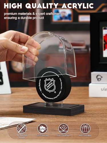 Image of Hockey Puck and Collectibles Display Case, Premium Acrylic Clear Box Puck Holder with Mahogany Wood Base, Showcase for Autographed Souvenir Memorabilia, Collectible Figure Stand, Black