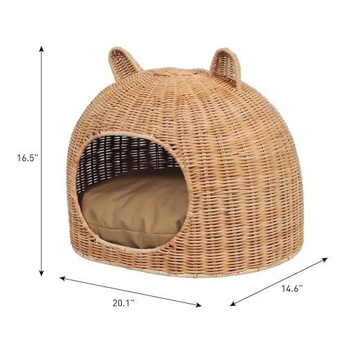 THE LICKER Store CBD1000B Cat Ear 20" x 14.5" Handwoven Water Hyacinth Pet Bed, Wicker Cat Hideaway Dome with Machine-Washable Cushion, Coastal Woven Pet House for Cats and Small Dogs, Light Brown by THE LICKER STORE - Used condition - Image 5