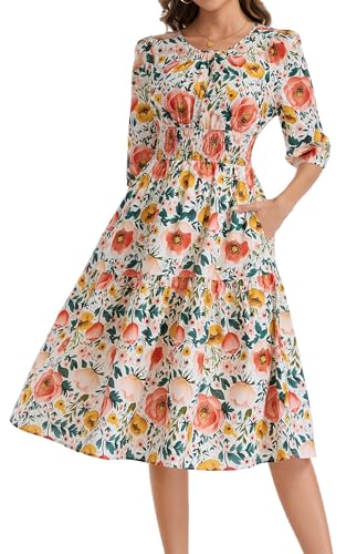 Image of Kormei Women Casual Boho Floral Round Neck 3 /4 Sleeve Smocked Waist Tiered A Line Flowy Swing Midi Dress Long Dresses