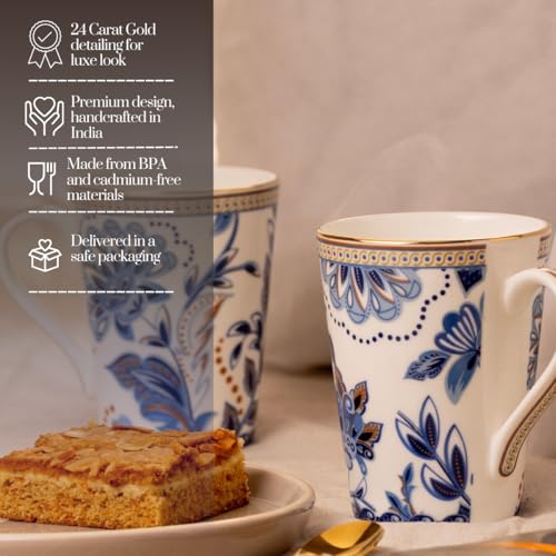 Image of GOLDEN QUEEN'S Mugs Set of 2 for Coffee, Tea, Milk - Ideal for Your Daily Beverage Ritual, Hosting & Casual Gatherings - Blue Blossom (24K Gold on Rim)