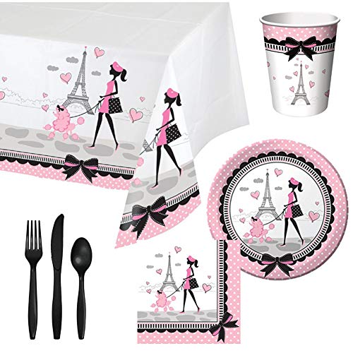 Party in Paris Tableware Birthday Party Supplies Bundle for 16 Guests | Includes Plates, Napkins, Cups, Tablecover, and Cutlery | Parisian Themed Birthday Party Supplies With Eiffel Tower Plates
