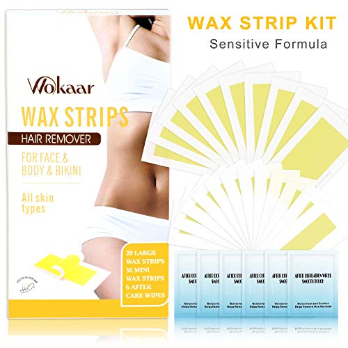 Wax Strips Hair Removal Wax Kit for Full Body Face Bikini 50 Count Double Sided +6 Post Wipes for All Skin Types