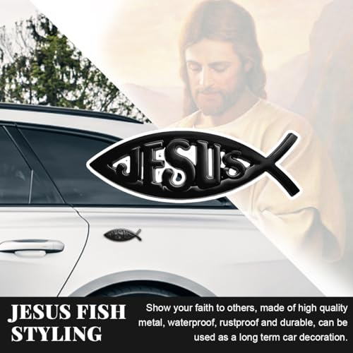 Image of DXNQ 2PCS Jesus Fish Decal Sticker, 3D Car Decal Jesus Christian Fish Symbol Chrome Emblem, Faith Fish Stickers Religious Metal Badge Auto Decor for Truck Motorcycle Fridge (Black)