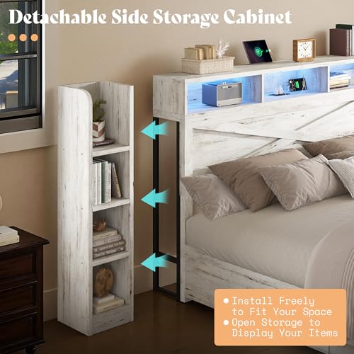 Image of AMERLIFE 45'' Farmhouse Queen Bed Frame with 4 Drawers, LED Bed Frame with Bookcase Headboard & Side Shelves, Wood Platform Bed with Charging Station, White