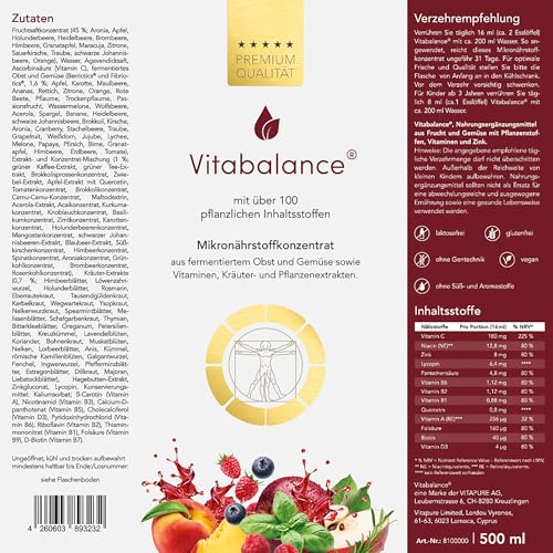 Vitabalance® Mikronährstoffkonzentrat 500 ml – 128 Zutaten inkl. fermentiertem Obst und Gemüse – für die tägliche Nährstoffversorgung | Vegan | 1-Monats-Vorrat