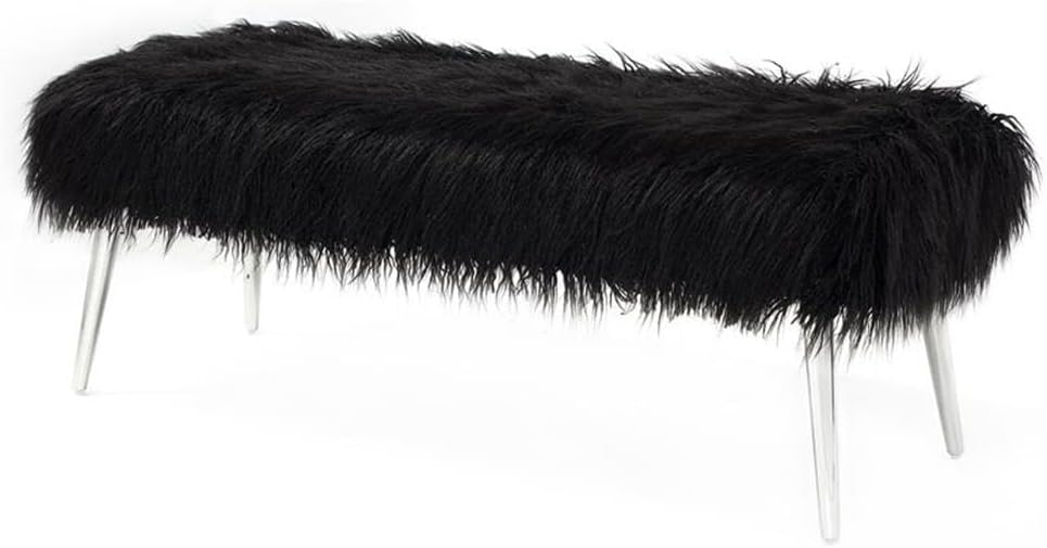 Pemberly Row Modern Metal Bench with Faux Fur Seat, 17" H x 45" W x 19" D, Black/Silver Finish, Glam Style, Sturdy Design for Living Room, Entryway, Bedroom or Lounge Spaces
