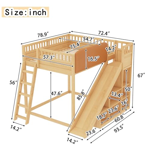 Image of Bellemave Bunk beds Full Over Full with Slide and Stair and upholstered headboard, Low bunk /loft Bed for Kids,Natural