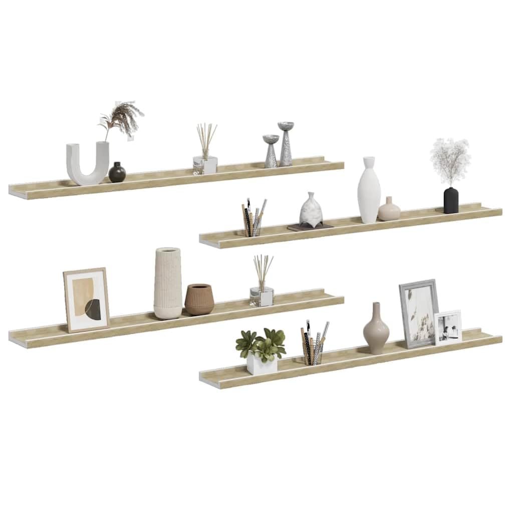 Set di 4 mensole da parete in MDF bianco, rovere Sonoma, 100 x 9 x 3 cm | Mensole sospese decorative per soggiorno e camera da letto per esporre piante, libri e decorazioni.
