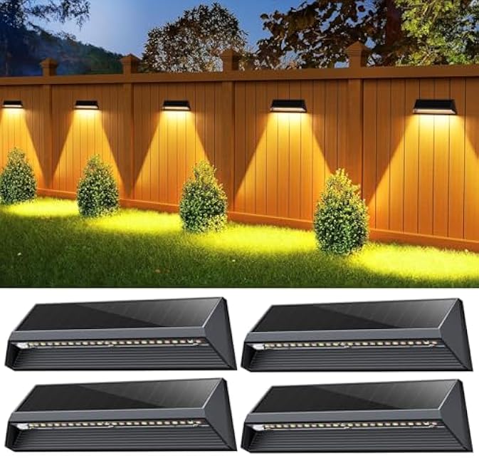 LETMY Solar Fence Lights Outdoor, 3X Bigger & Brighter Fence Lights Solar Powered, 3 Modes IP67 Waterproof Solar Wall Lights, Auto On/Off Solar Deck Lights for Outside Yard Step Pool Patio Porch/4Pack
